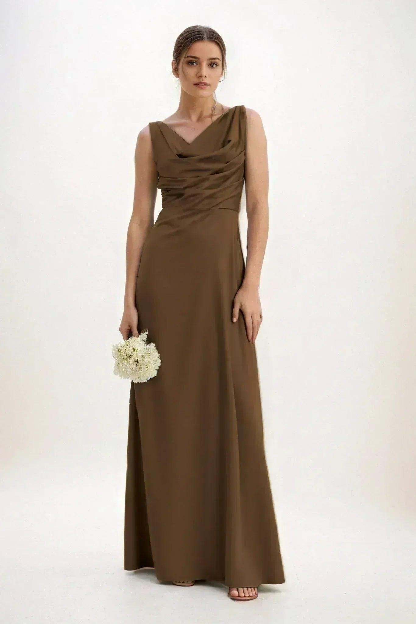 A-Line Maxi Luxe Satin Dress CB0853CS - Bitter Chocolate - COCOMELODY